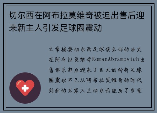 切尔西在阿布拉莫维奇被迫出售后迎来新主人引发足球圈震动 切尔西在阿布拉莫维奇被迫出售后迎来新主人引发足球圈震动