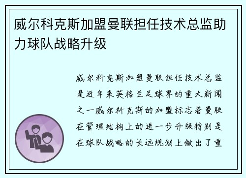 威尔科克斯加盟曼联担任技术总监助力球队战略升级 威尔科克斯加盟曼联担任技术总监助力球队战略升级