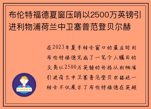 布伦特福德夏窗压哨以2500万英镑引进利物浦荷兰中卫塞普范登贝尔赫 布伦特福德夏窗压哨以2500万英镑引进利物浦荷兰中卫塞普范登贝尔赫